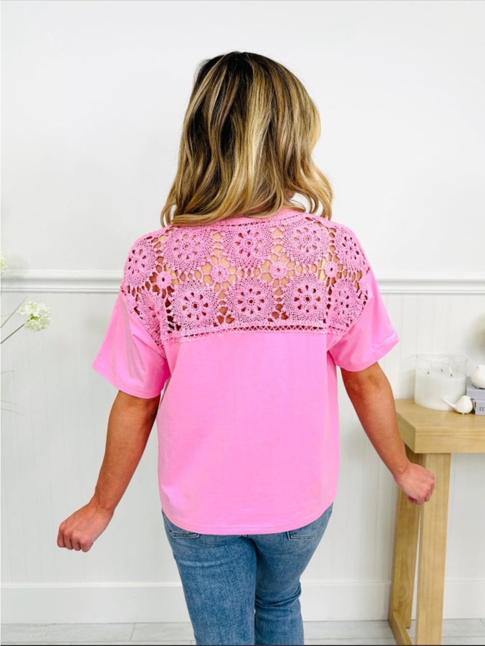 Pink Crochet Back Short Sleeve Top Size Small